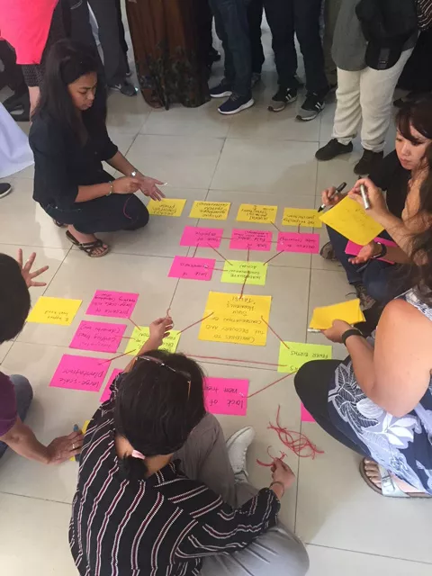 A group of people are sitting on a tiled floor, working together on a diagram made of colorful sticky notes. Some are writing on the notes, while others are observing the layout during a Sulu Hornbill Group exercise.