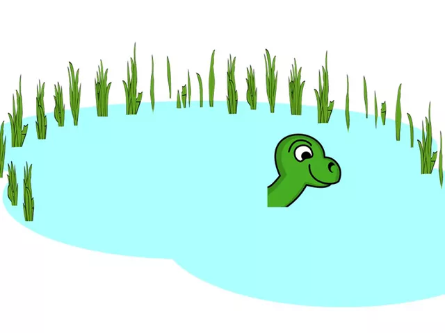 A cartoon image of a small pond, surrounded with reeds, and a small Turtle head sticking out of the water.