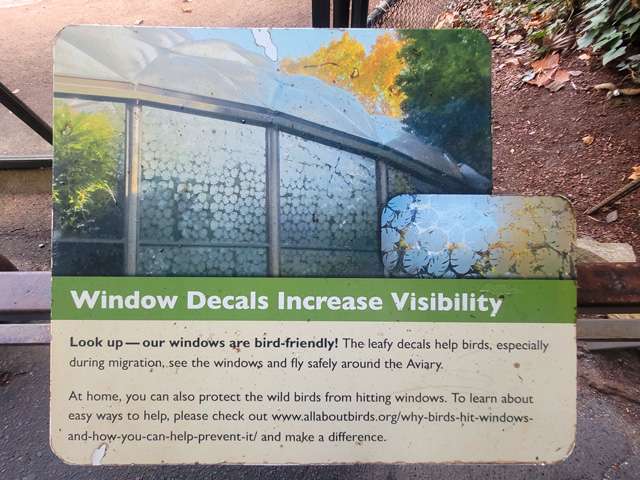 interpretive sign explaining bird strike prevention window decals