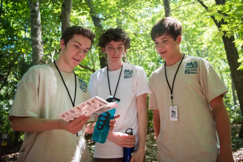Three teenage boys wearing camp shirts and name tags, stand together in a forest looking at a piece of paper, seemingly working on a project together.