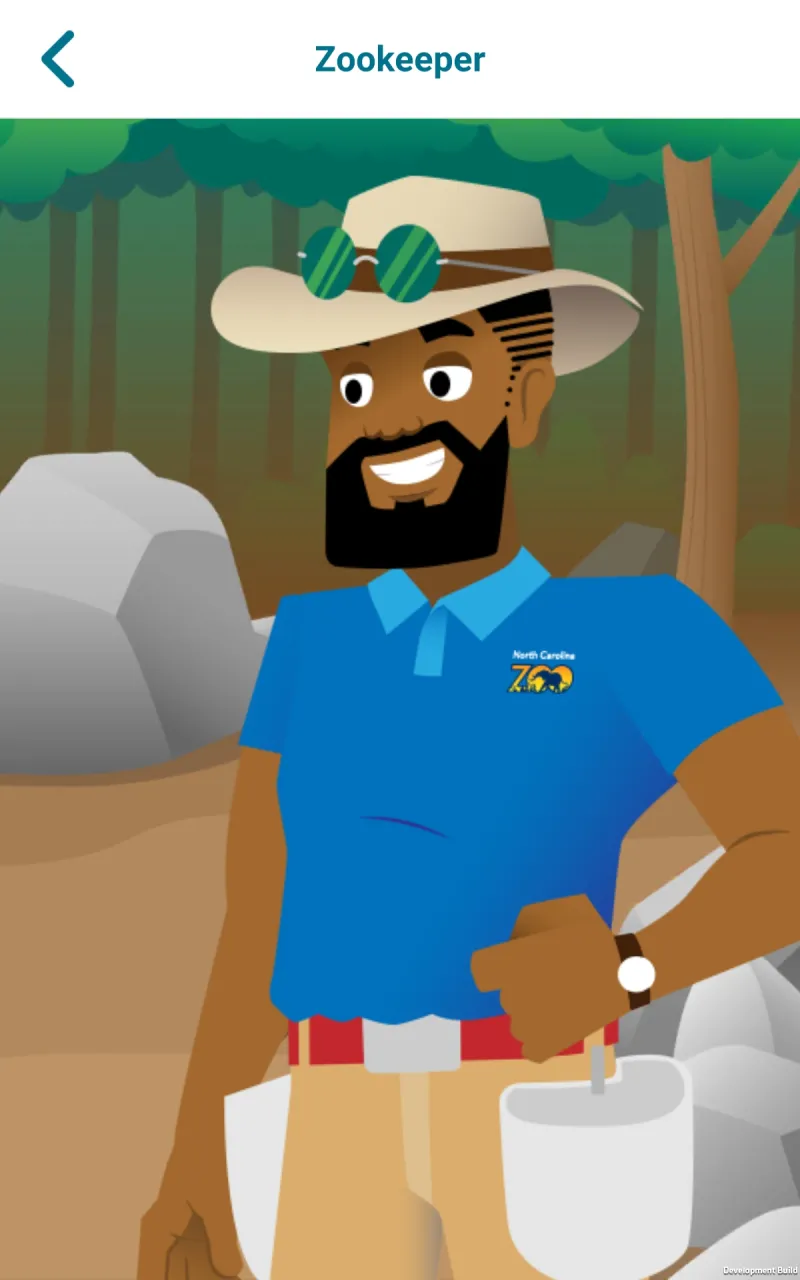 A screenshot of the North Carolina Zoo app from the Zookeeper Career Quest activity. The Zookeeper is wearing a blue shirt, khaki pants, a tan hat with sunglasses, and two pails are hooked to his belt loops for animal treats. There are trees and rocks in the background.