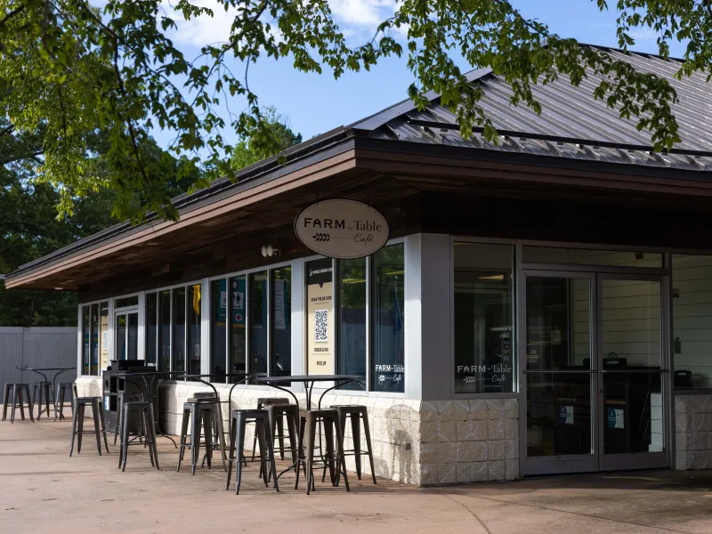 Outdoor view of the Farm to Table Café, featuring a corner exterior with large windows, metal chairs, and tables on a wide sidewalk under leafy tree branches. A sign above reads "FARM to Table Café."