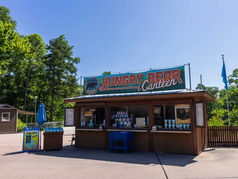 A wooden snack shack named "Hungry Bear Canteen" with a colorful bear-themed sign sits under a clear blue sky. It has various snacks displayed at the counter. Lush green trees surround the area.