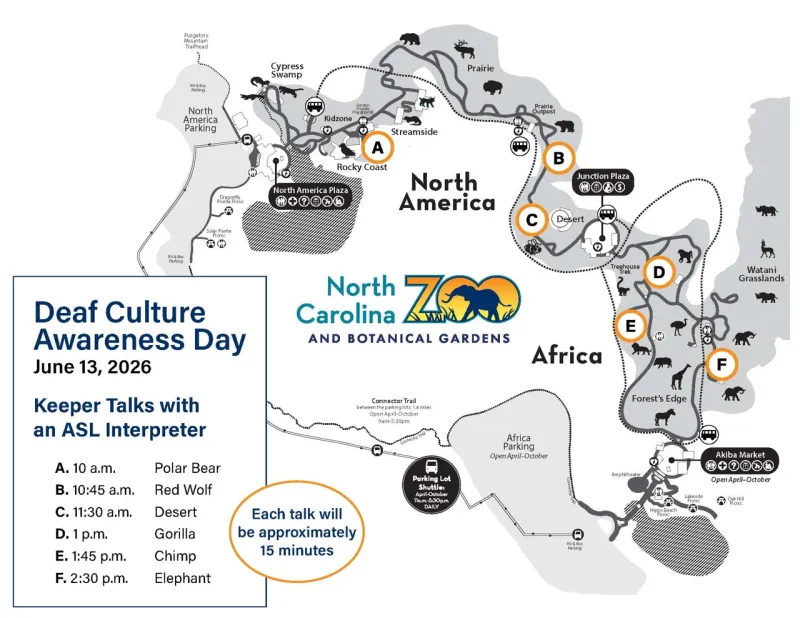 Map of the North Carolina Zoo for the Deaf Culture Awareness Day Event on June 13 2026. Letters A-F mark locations of the ASL Keeper Chats at Polar bear, Red wolf, Desert, Gorilla, Chimp and Elephant. The Zoo logo is prominent in the center of the map.